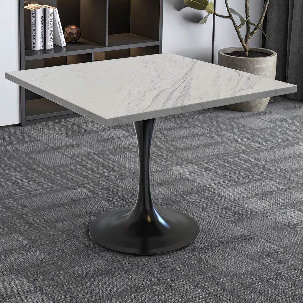Leisuremod LeisureMod Verve Collection 36 Square Dining Table, Black Base with Laminated White Marbleized Top, , large