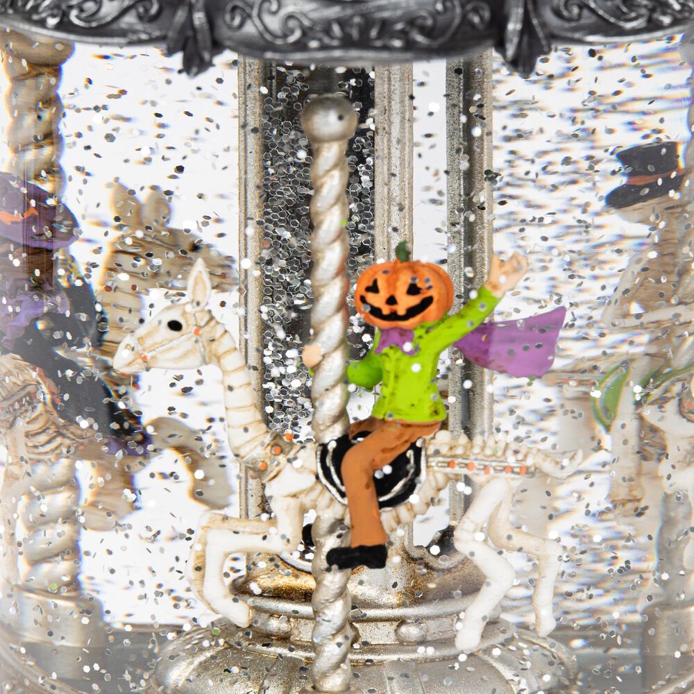 The Gerson Company Lighted Spinning Water Globe Lantern with Rotating Halloween Figurines in Gray, , large