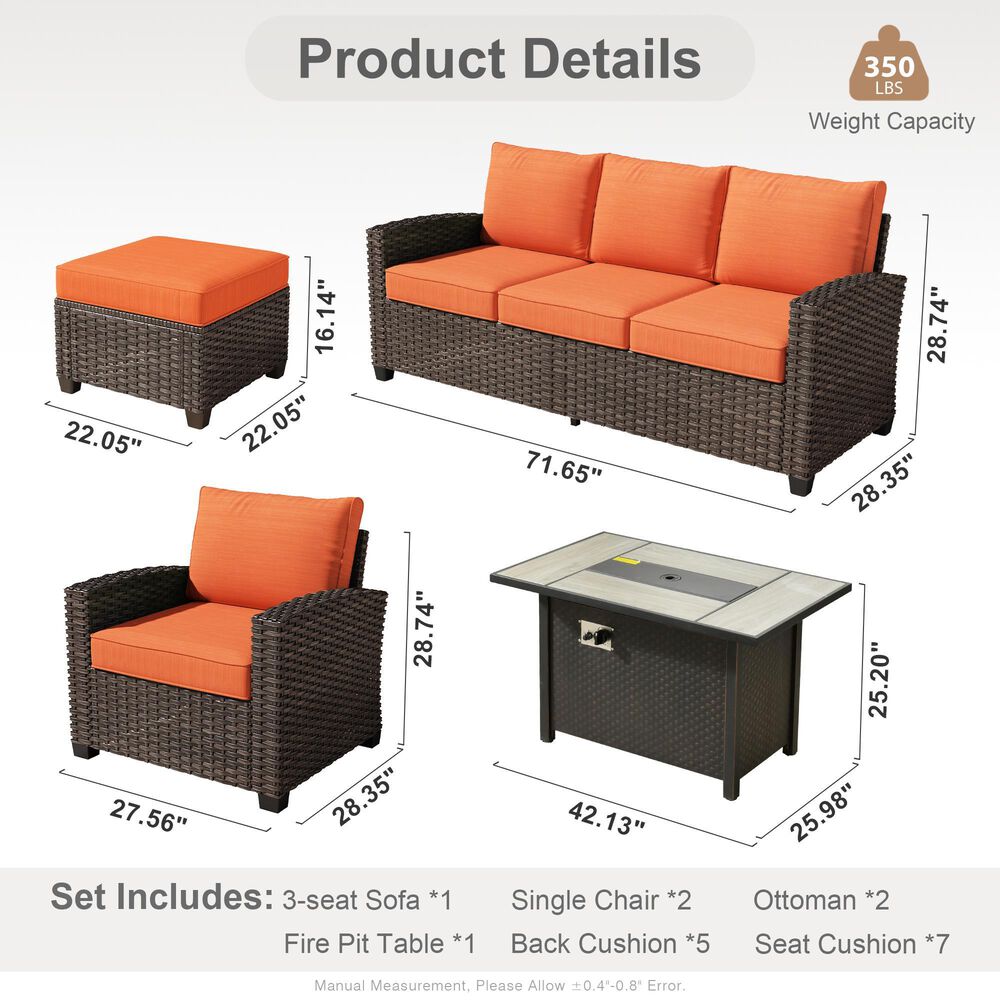 HOMLUX 6-Piece Patio Conversation Set with 42" Fire Pit Table and Light Brown Wicker in Orange Red, , large