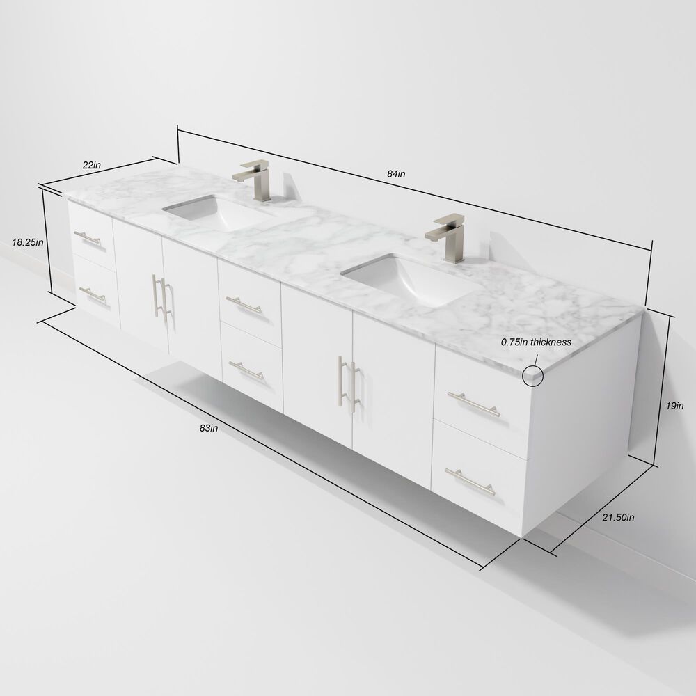 Lexora Home Geneva 84" Double Bathroom Vanity in Glossy White with 2 cm White Carrara Marble Top and Rectangular Sinks, , large