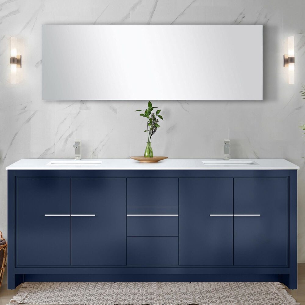 Lexora Home Lafarre 80&quot; Double Bathroom Vanity in Navy Blue with 2 cm White Quartz Top and Rectangular Sinks, , large