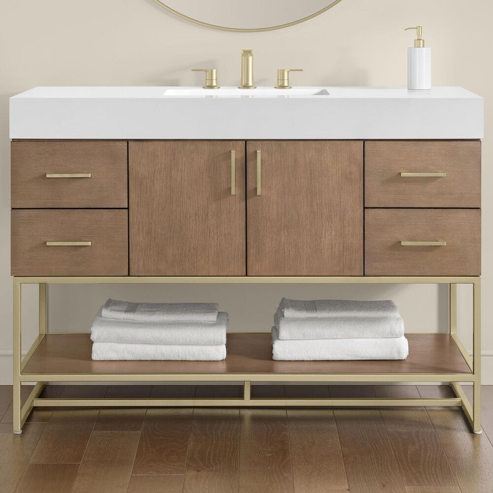37B Mauri 48" Single Bathroom Vanity with Metal Base in Walnut Drift with High-Profile 4" White Composite Stone Top, , large