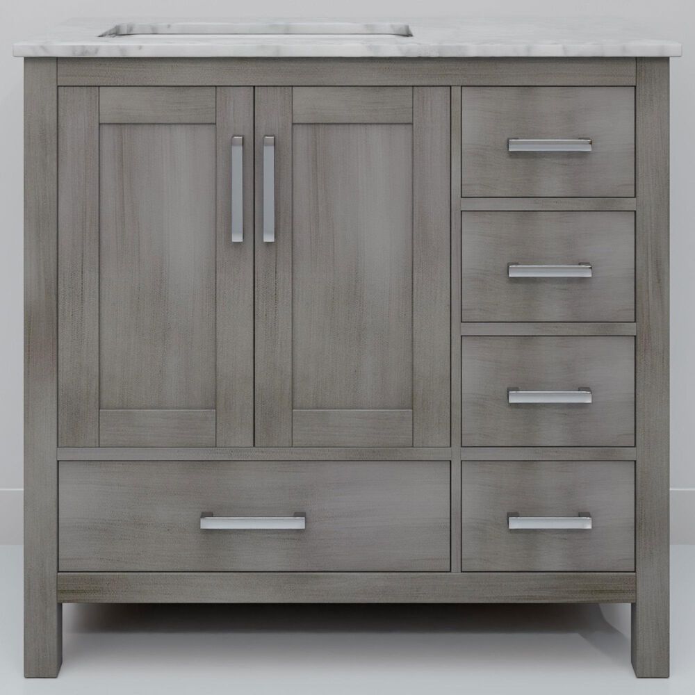 Lexora Home Jacques 36&quot; Left Offset Single Bathroom Vanity in Distressed Grey with 2 cm White Carrara Marble Top and Rectangular Sink, , large