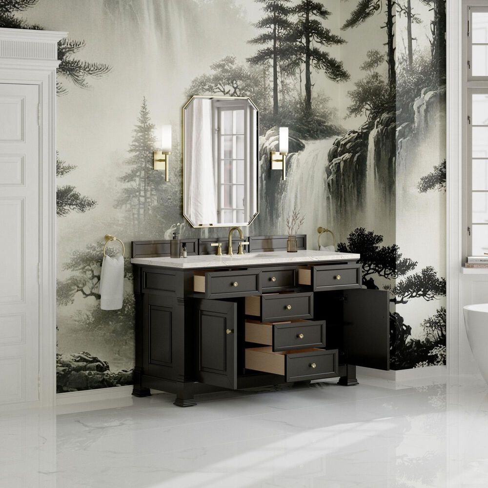 James Martin Vanities Brookfield 60" Single Bathroom Vanity in Black Onyx with 3 cm Victorian Silver Quartz Top and Rectangular Sink, , large