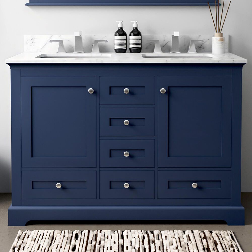 Lexora Home Dukes 48" Double Bathroom Vanity in Navy Blue with 2 cm White Carrara Marble Top and Rectangular Sinks, , large