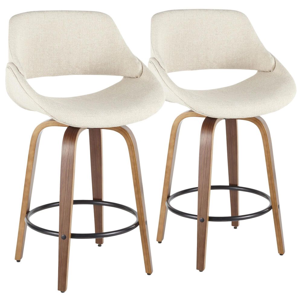 LumiSource Fabrico 26" Swivel Fixed-Height Counter Stool with Cream Noise Fabric Upholstery in Black and Walnut (Set of 2), , large