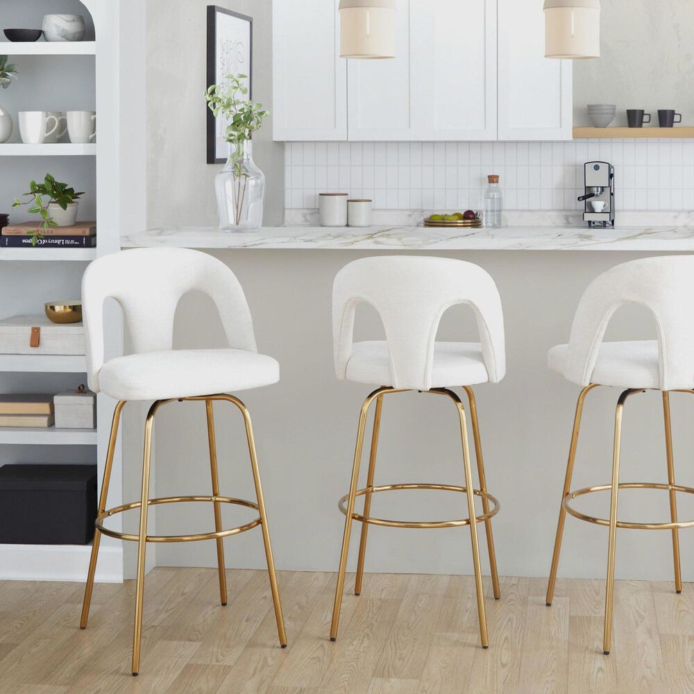 LumiSource Ava Swivel Bar Stool with Snow White Fabric Upholstery in Gold (Set of 2), , large