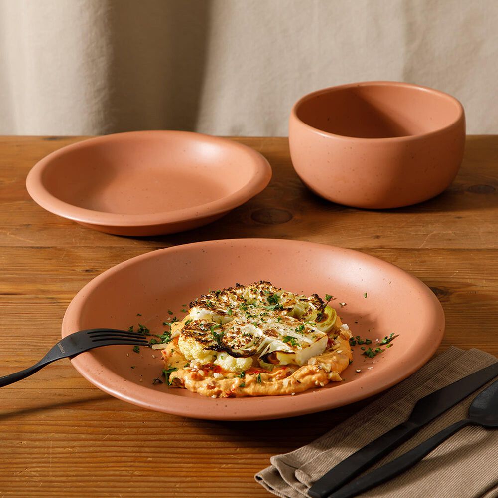Gibson Home Corcisa Clay 12-Piece Stoneware Reactive Glaze Dinnerware Set in Burnt Apricot Terracotta, , large