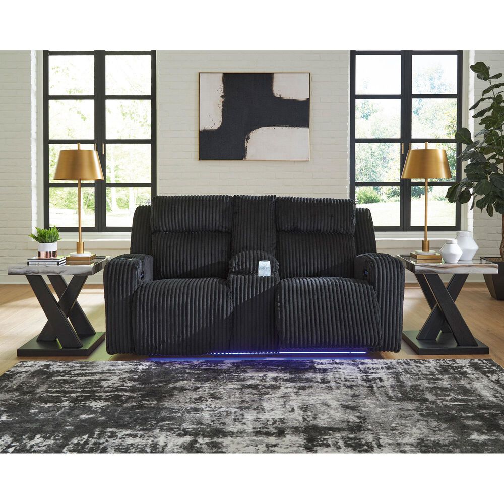 Ashley Forest Lake Power Reclining Loveseat with Console and Adjustable Headrest in Black Velvet, , large