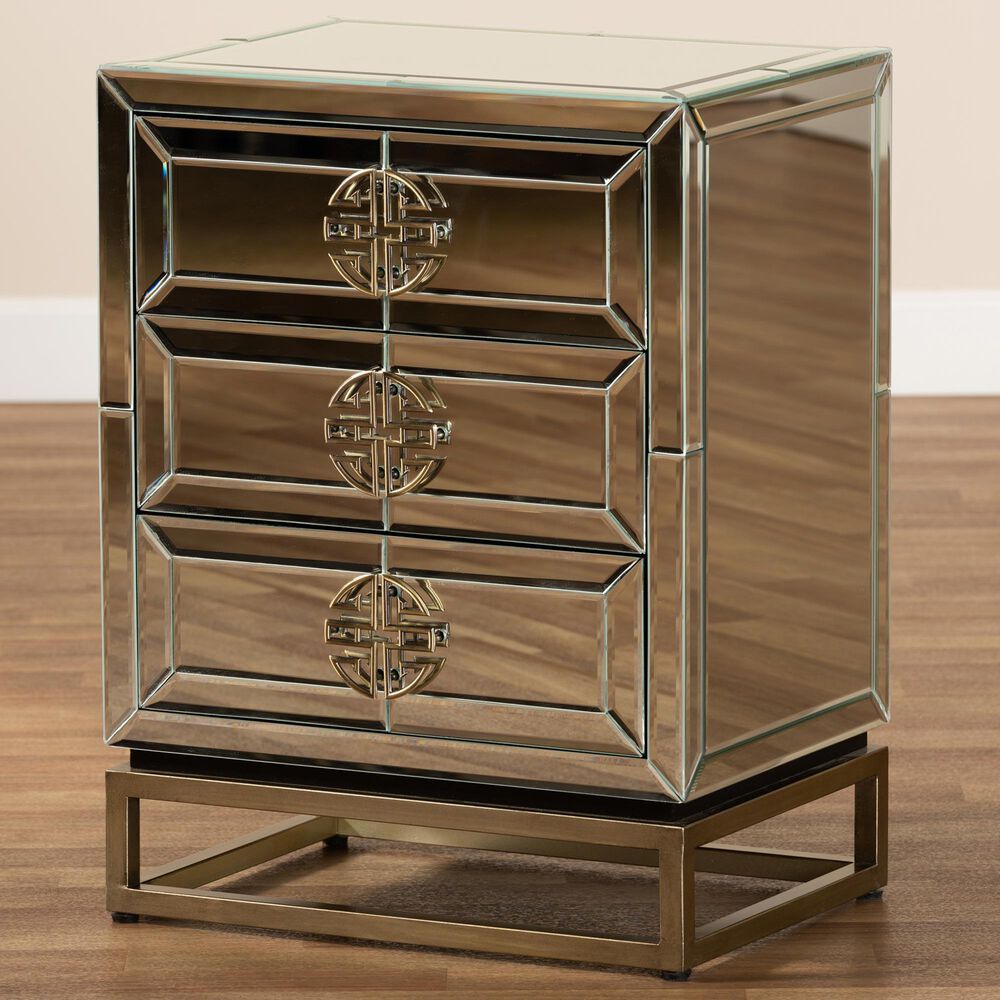 Baxton Studio Laken Mirrored 3-Drawer End Table in Silver and Antique Bronze, , large
