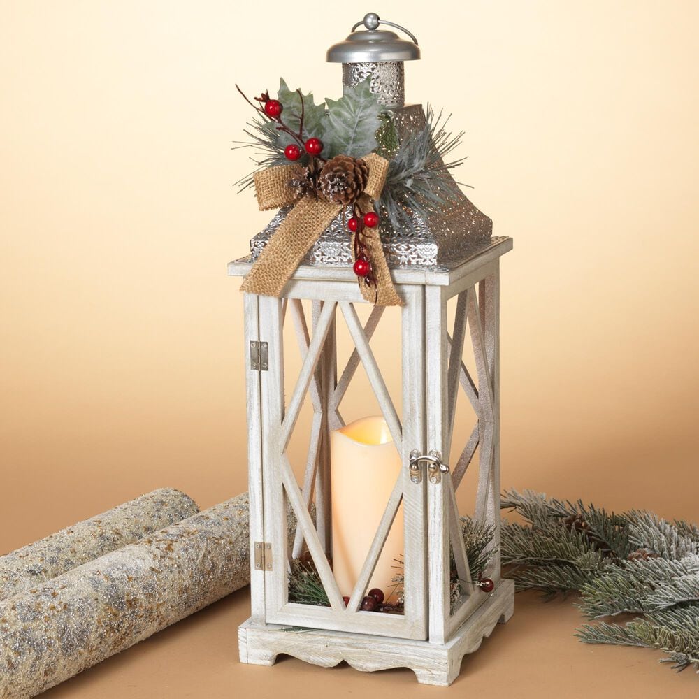 The Gerson Company 21&quot; Holiday Lantern with LED Candle and Floral Accent in White, , large
