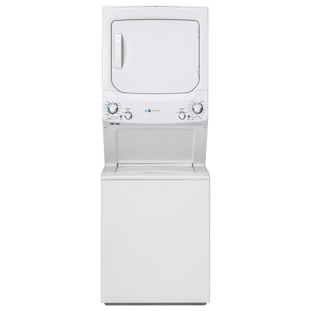 GE Appliances 3.9 Cu. Ft. Front Load Washer and 5.9 Cu. Ft. Gas Dryer Stack Laundry in White, , large