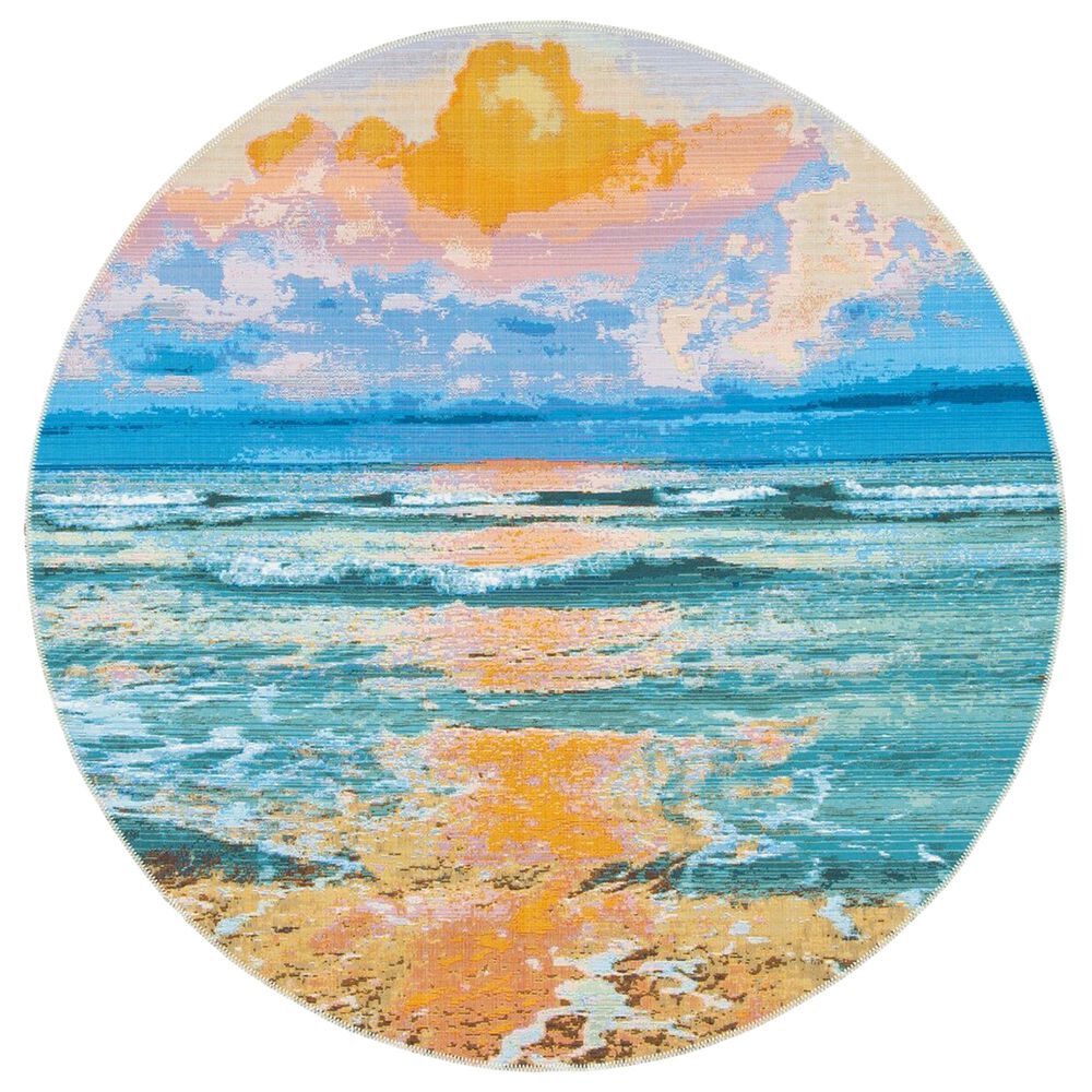 Safavieh Barbados Tropical Sunset 6"6" Round Gold and Blue Indoor/Outdoor Area Rug, , large