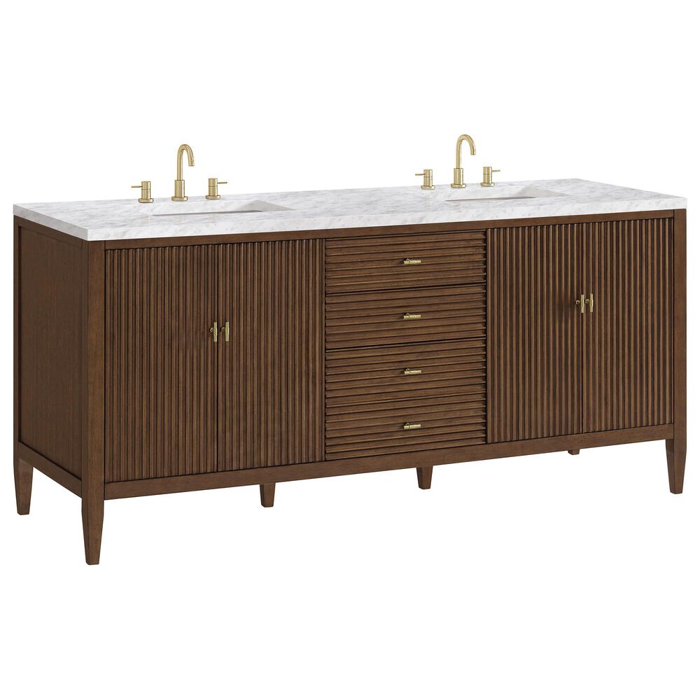 James Martin Vanities Myrrin 72" Double Vanity in Mid Century Walnut with 3 cm Carrara White Marble Top, , large