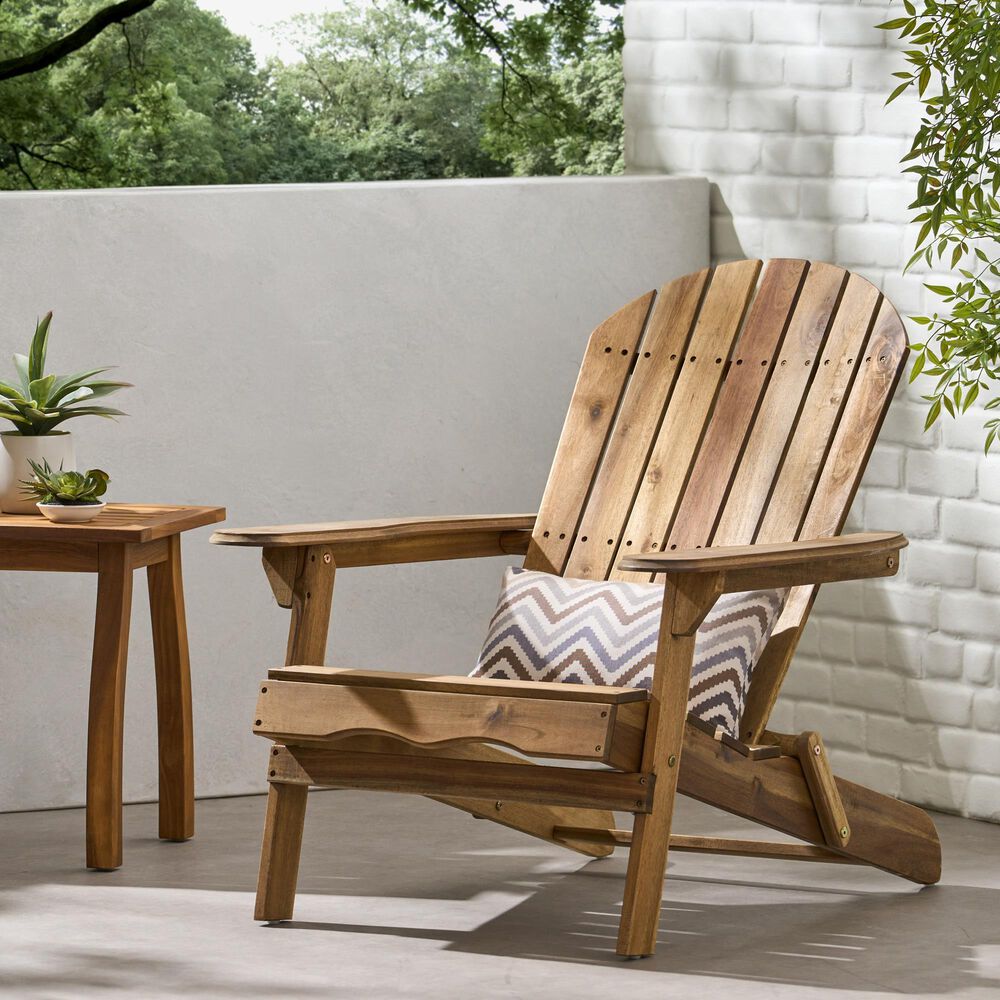 Hearth and Haven Outdoor Folding Adirondack Chair with Slatted Back and Wide Armrests in Teak, , large