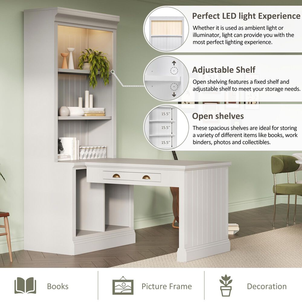 Hearth and Haven Writing Desk with Open Bookshelf and LED Lighting in White, , large
