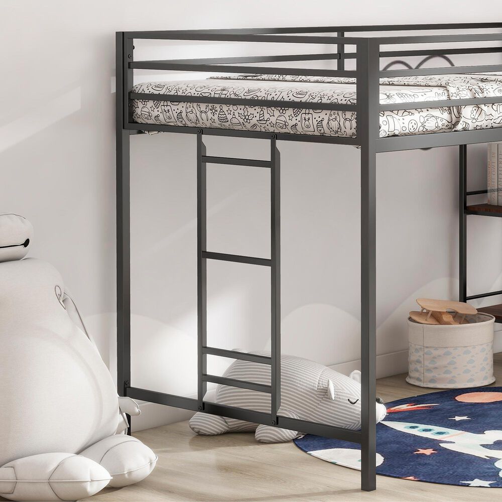 Hearth and Haven Adam Twin Loft Bunk Bed with Cinnamon Wood Shelf in Black, , large