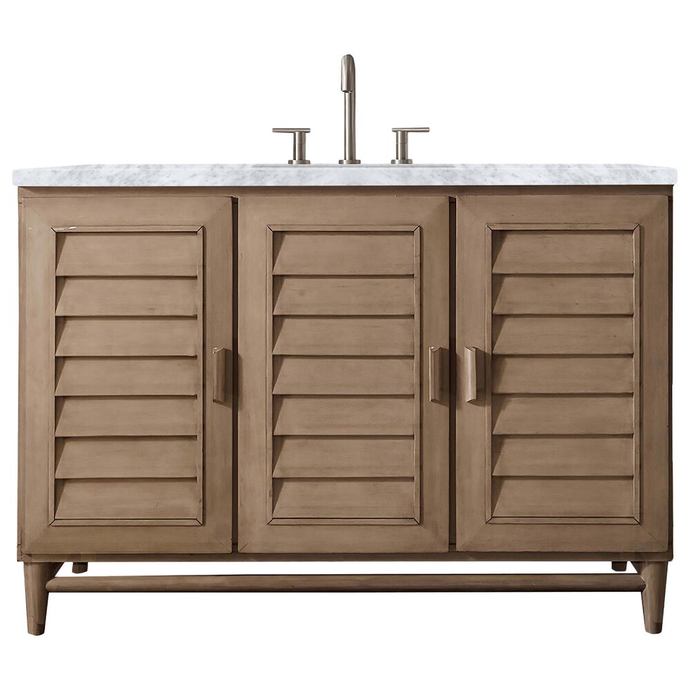 James Martin Vanities Portland 48" Single Bathroom Vanity in Whitewashed Walnut with 3 cm Carrara White Marble Top and Rectangular Sink, , large