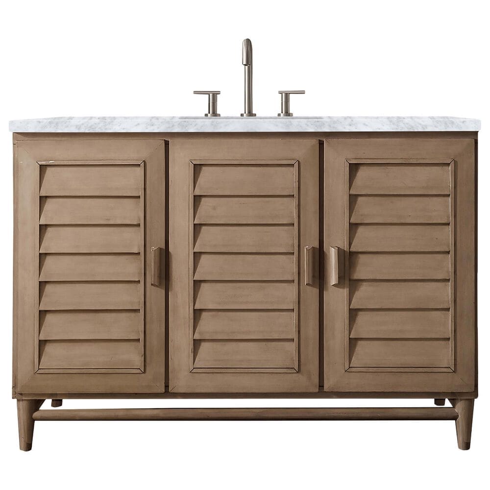 James Martin Vanities Portland 48" Single Bathroom Vanity in Whitewashed Walnut with 3 cm Carrara White Marble Top and Rectangular Sink, , large