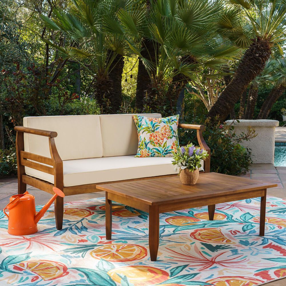 Linon Home Decor Arlen 2-Piece Outdoor Conversation Set with Beige Cushion in Brown, , large