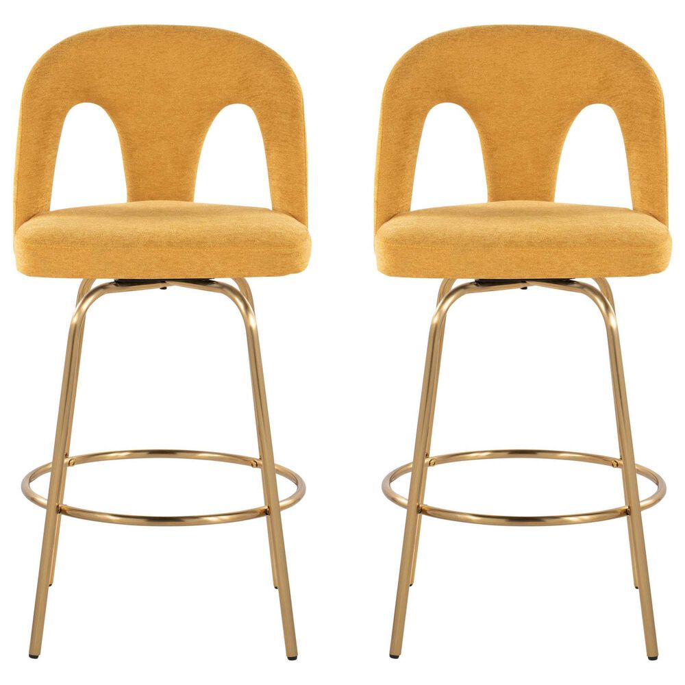 LumiSource Ava Swivel Counter Stool with Yellow Fabric Upholstery in Gold (Set of 2), , large