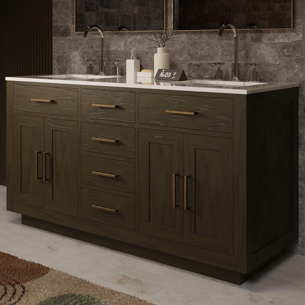 Lexora Home Abbey 60" Double Bathroom Vanity in Brown Oak with 2 cm White Carrara Marble Top and Rectangular Sinks, , large