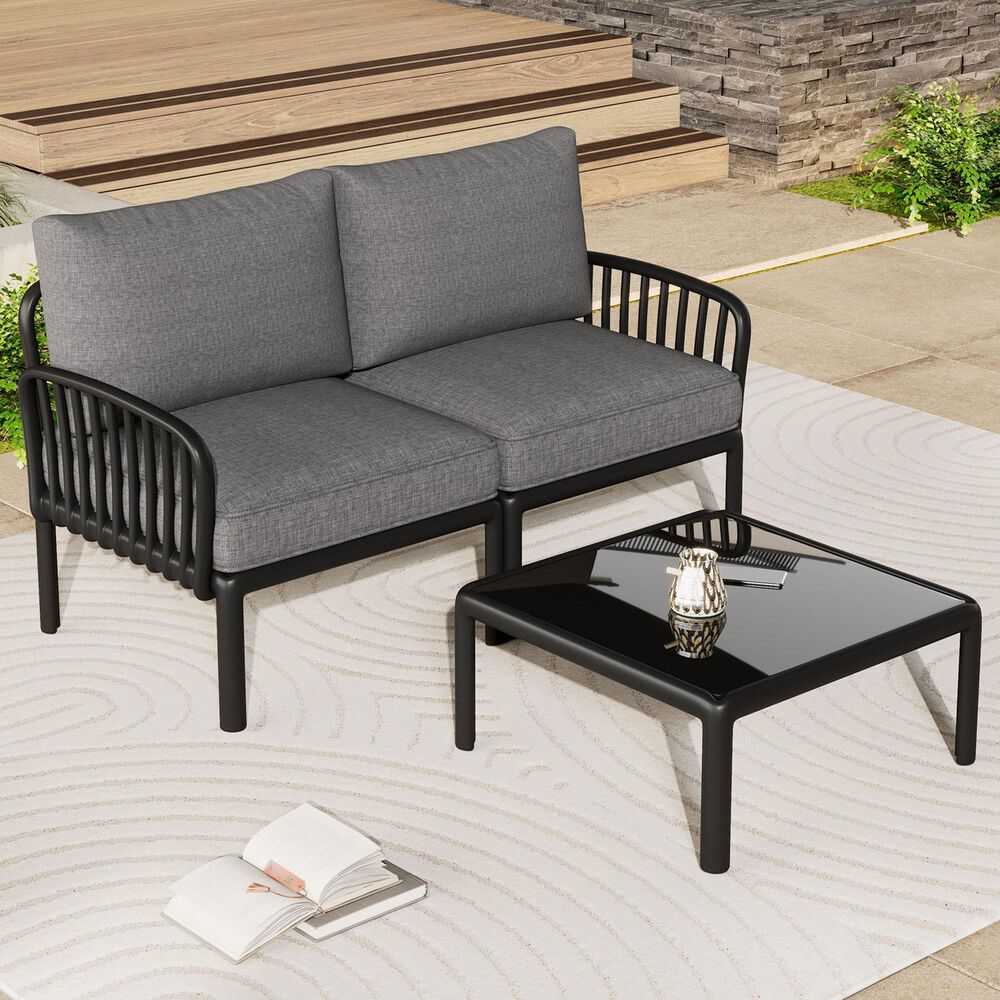 Hearth and Haven 2-Piece Patio Conversation Set with Dark Gray Cushion in Black, , large