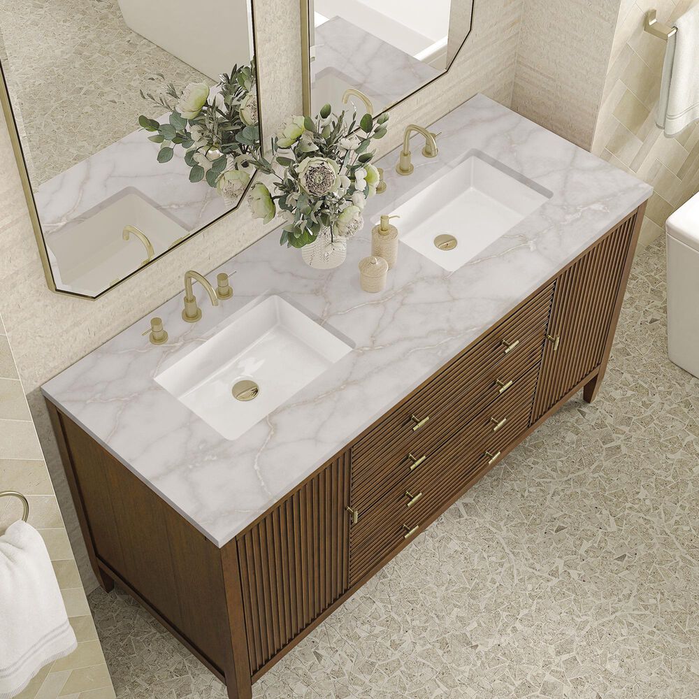 James Martin Vanities Myrrin 60&quot; Double Vanity in Mid Century Walnut with 3 cm Victorian Silver Quartz Top, , large
