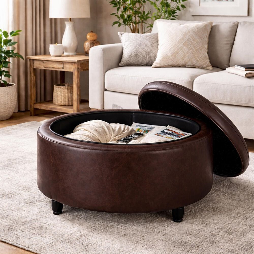 Regency Global Sourcing Knight 28" Round Storage Ottoman in Brown Faux Leather, , large