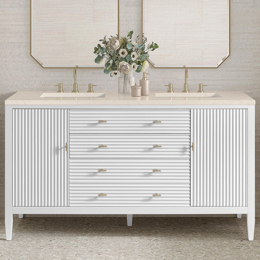 James Martin Vanities Myrrin 60&quot; Double Vanity in Bright White with 3 cm Eternal Marfil Quartz Top, , large
