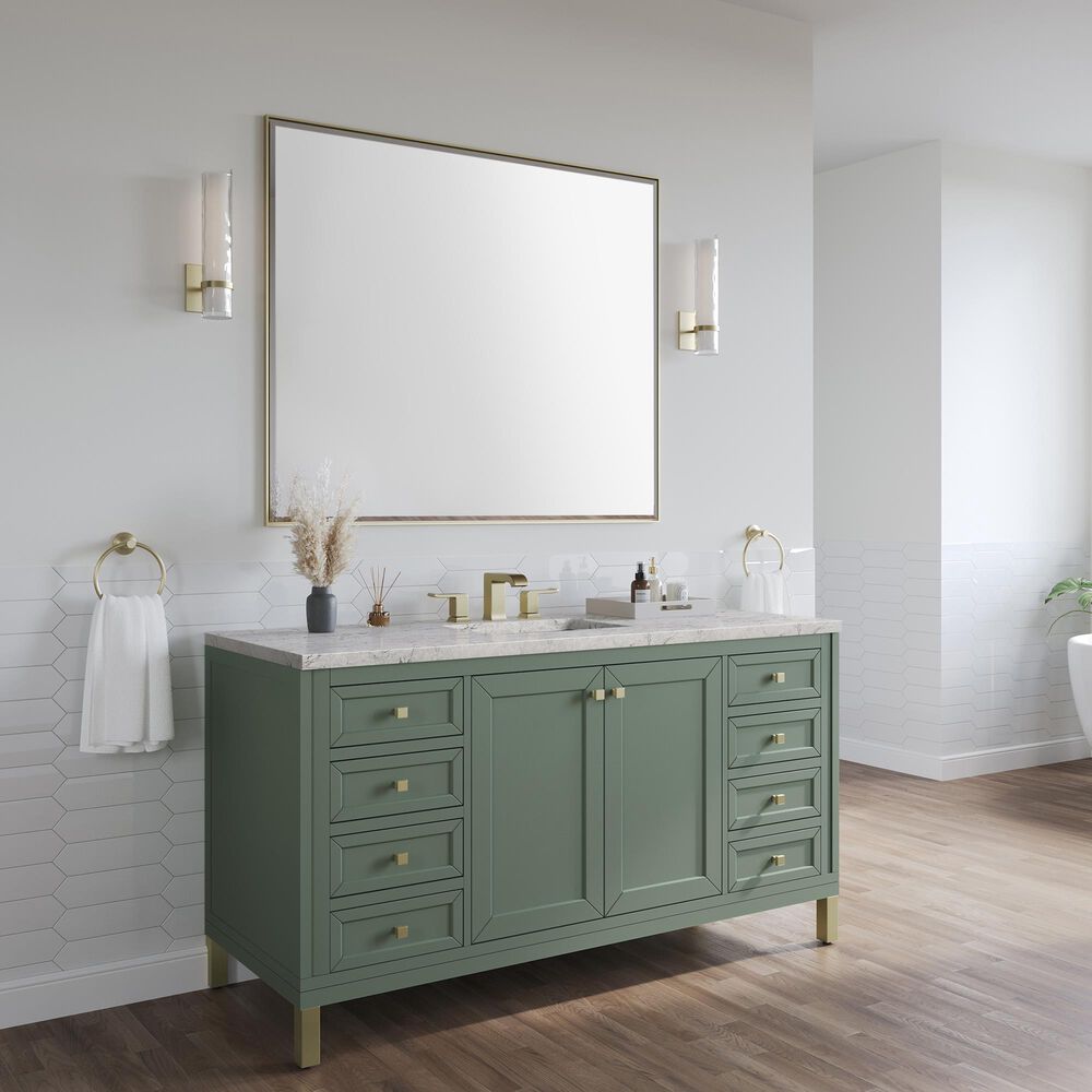 James Martin Vanities Chicago 60" Single Bathroom Vanity in Smokey Celadon with 3 cm Eternal Jasmine Pearl Quartz Top, Rectangular Sink and FreePower Wireless Charger, , large