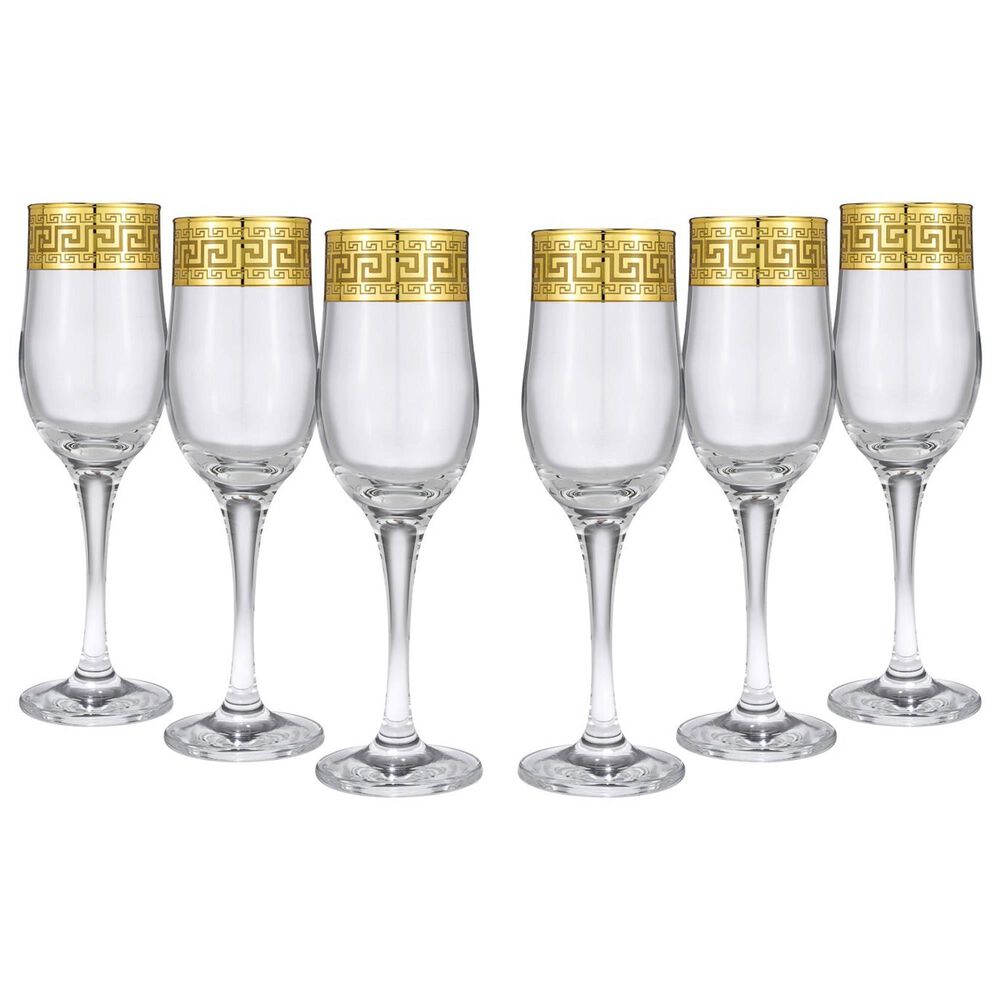 Gifts Plus Greek Key Champagne Flute Glasses in Clear and Gold (Set of 6), , large