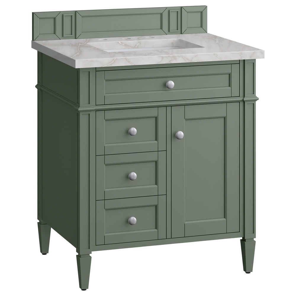 James Martin Vanities Brittany 30" Single Bathroom Vanity in Smokey Celadon with 3 cm Victorian Silver Quartz Top and Rectangular Sink, , large