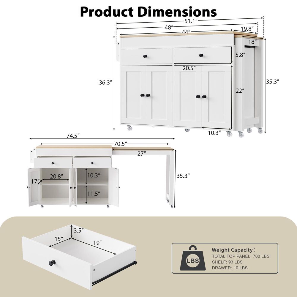 HOMLUX 75" Kitchen Island with Extendable Dining Table in White, , large