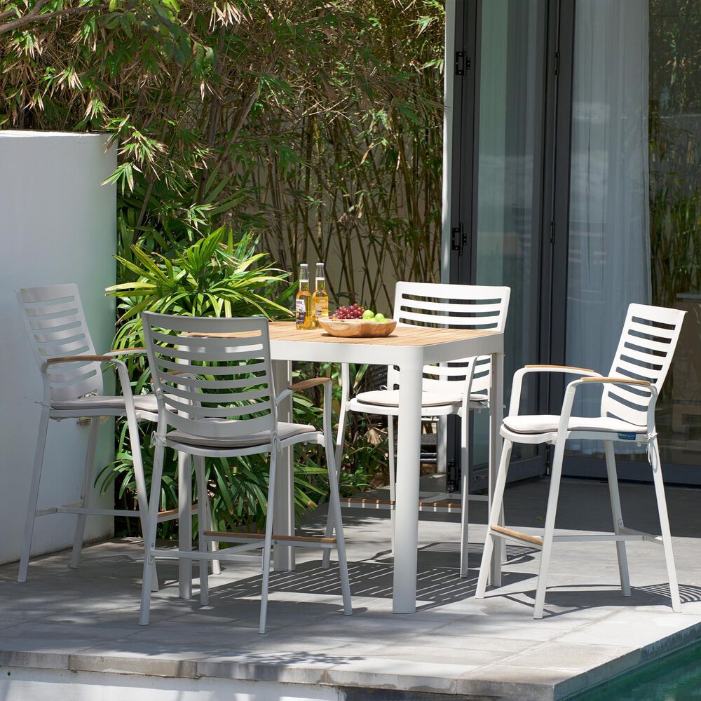 Blue River Portals Patio Barstool with Beige Cushion in Light Matte Sand and Natural Teak, , large