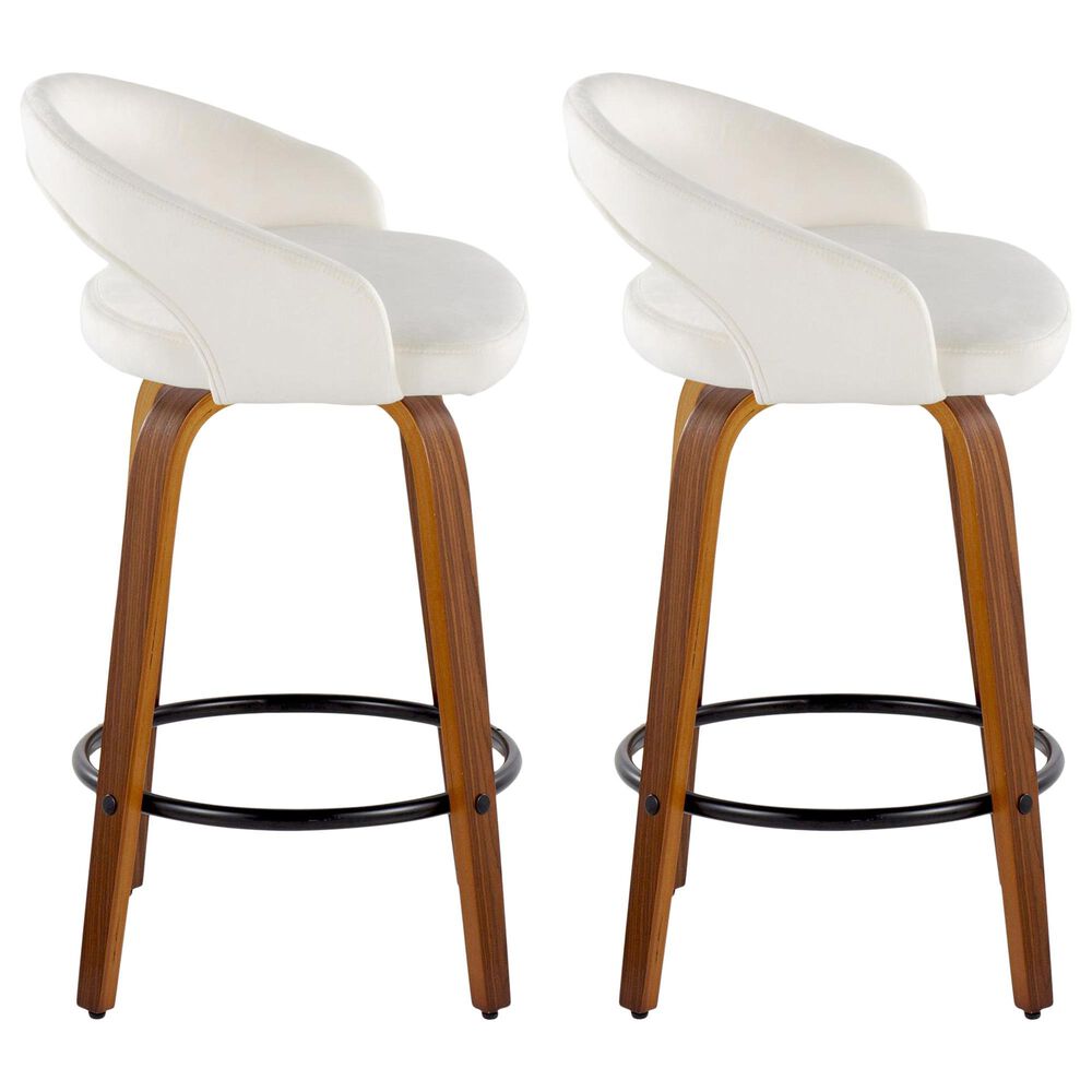 LumiSource Grotto Swivel Counter Stool with White Velvet Upholstery in Walnut Wood and Black (Set of 2), , large