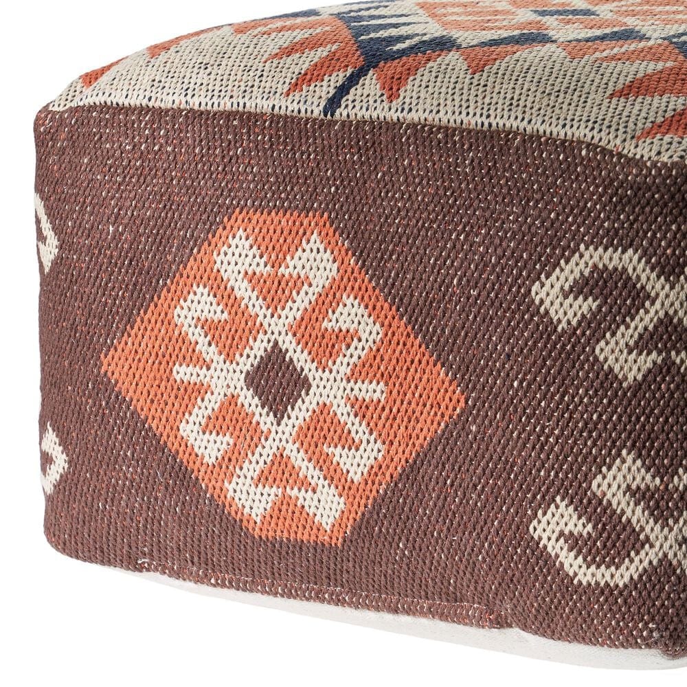 LR Home 18" Square Kilim Pouf in Brown and Orange, , large