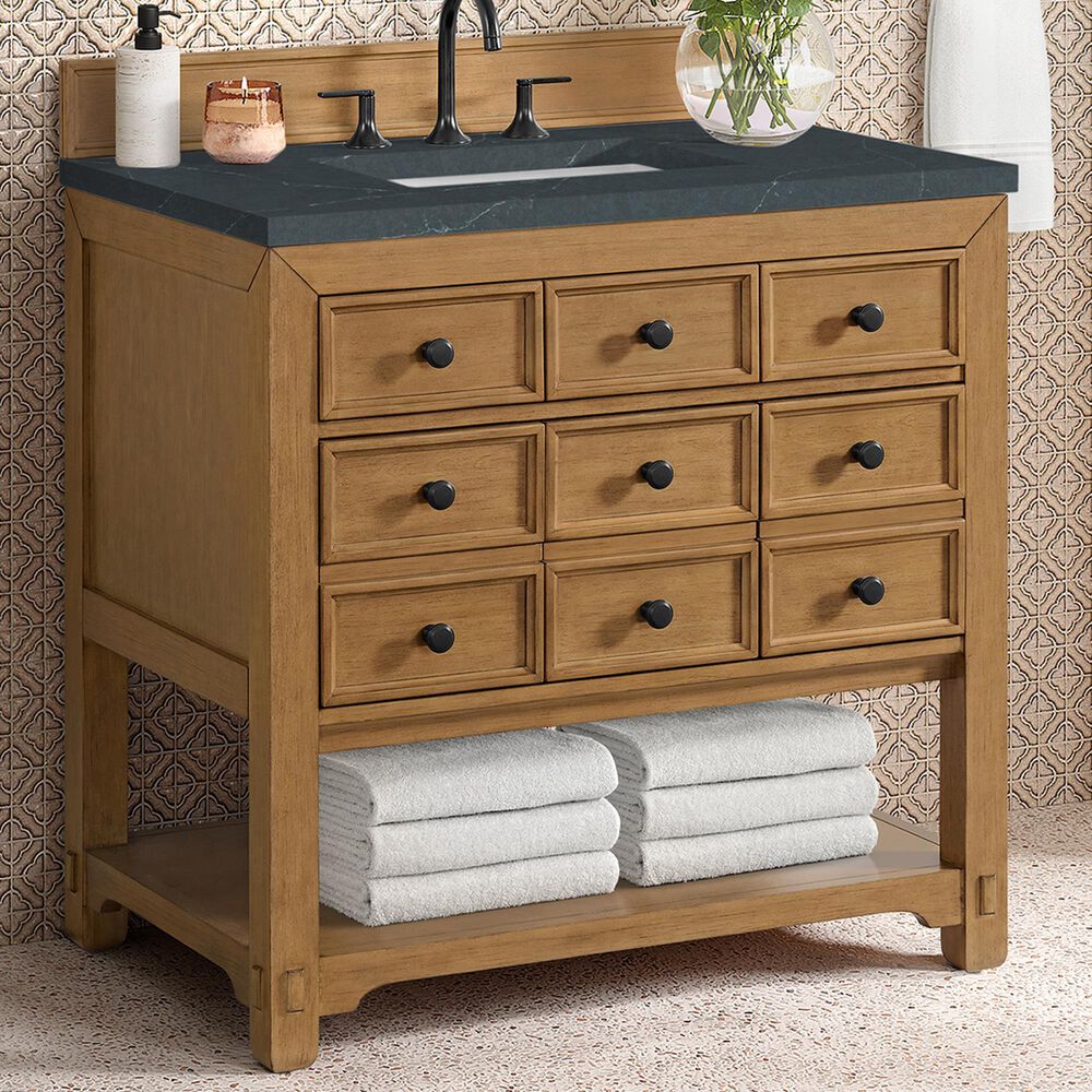 James Martin Malibu 36&quot; Single Bathroom Vanity in Amber Birch with 3 cm Charcoal Soapstone Quartz Top and Rectangular Sink, , large