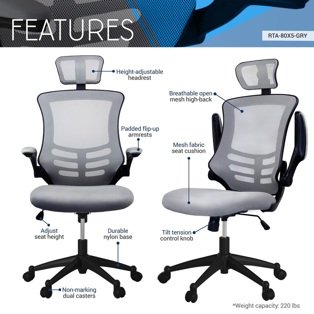 Rta Products Llc Modern High-Back Mesh Executive Office Chair with Headrest and Flip-Up Arms in Silver Grey, , large