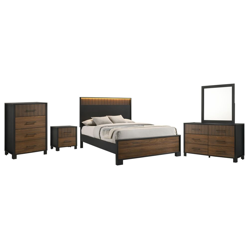 Crown Mark Nemy 5 Piece King LED Panel Bedroom Set in Brown, , large