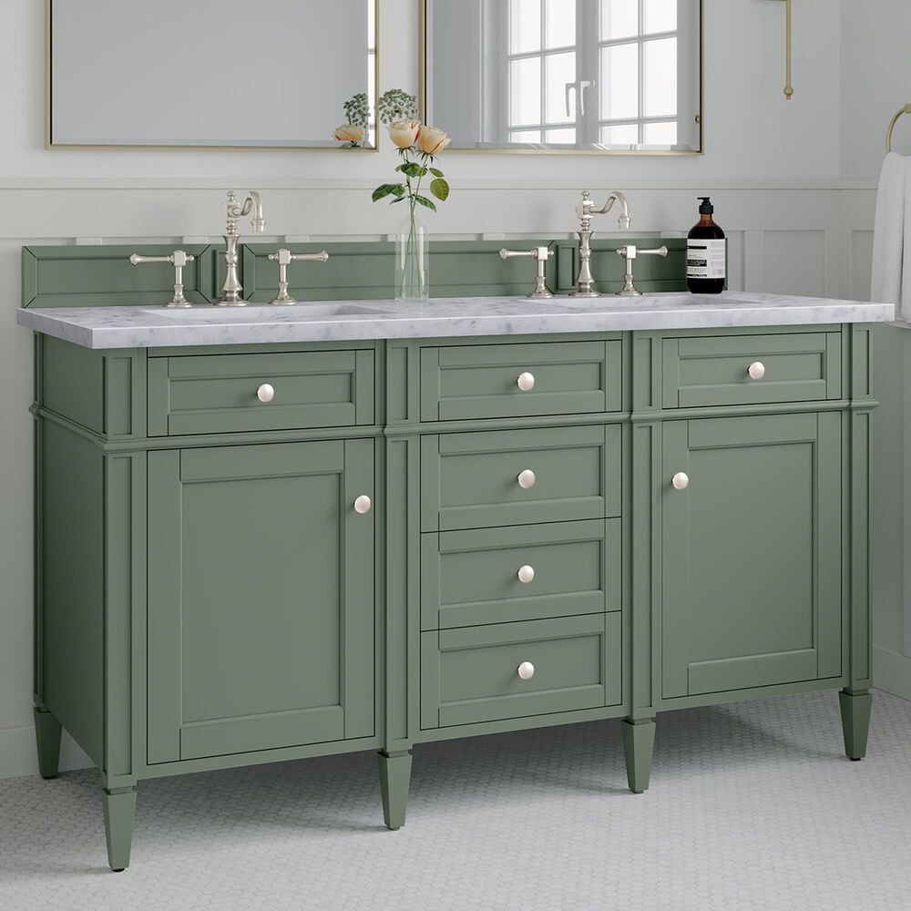 James Martin Vanities Brittany 60&quot; Double Bathroom Vanity in Smokey Celadon with 3 cm Carrara White Marble Top and Rectangular Sinks, , large