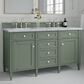 James Martin Vanities Brittany 60" Double Bathroom Vanity in Smokey Celadon with 3 cm Carrara White Marble Top and Rectangular Sinks, , large