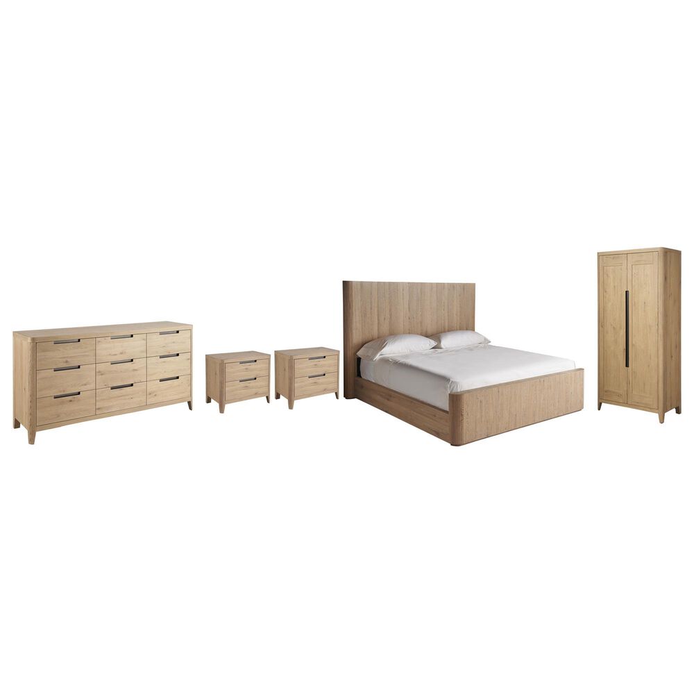 Universal Furniture Modern Walker King Panel Bed with Dresser, Wardrobe and Two Nightstands in Natural Oak with AC Outlets and USB Ports, , large