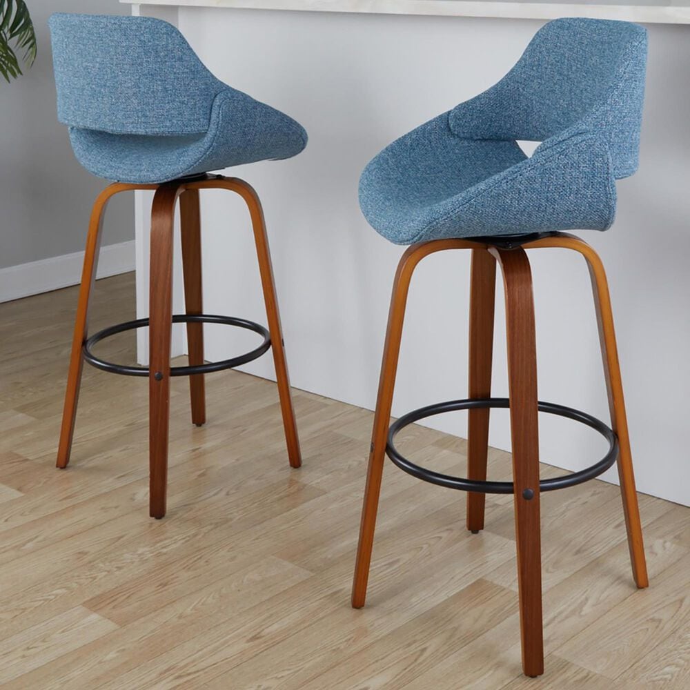 LumiSource Fabrico 30" Swivel Fixed-Height Bar Stool with Blue Noise Fabric Upholstery in Black and Walnut (Set of 2), , large