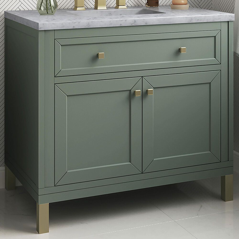 James Martin Vanities Chicago 36&quot; Single Bathroom Vanity in Smokey Celadon with 3 cm Carrara White Marble Top and Rectangular Sink, , large
