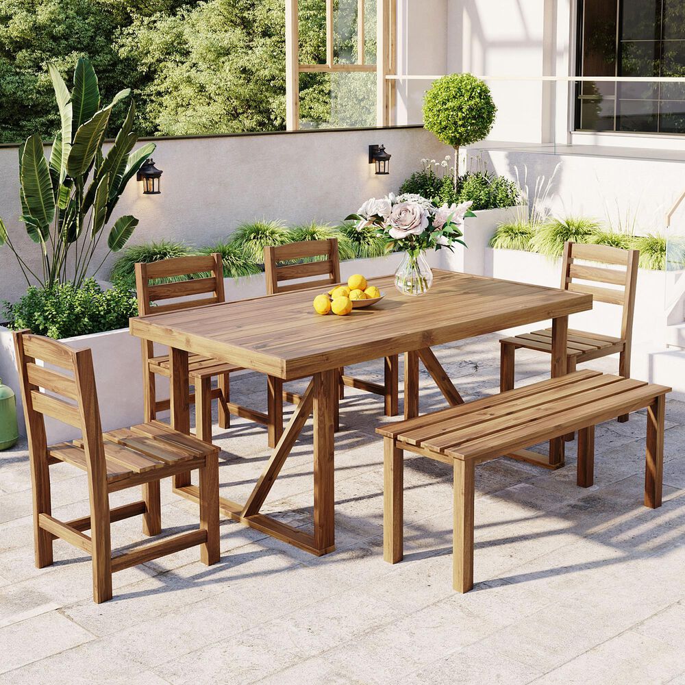 Hearth and Haven 6-Piece Patio Dining Set with Table, Bench and Chairs in Natural, , large