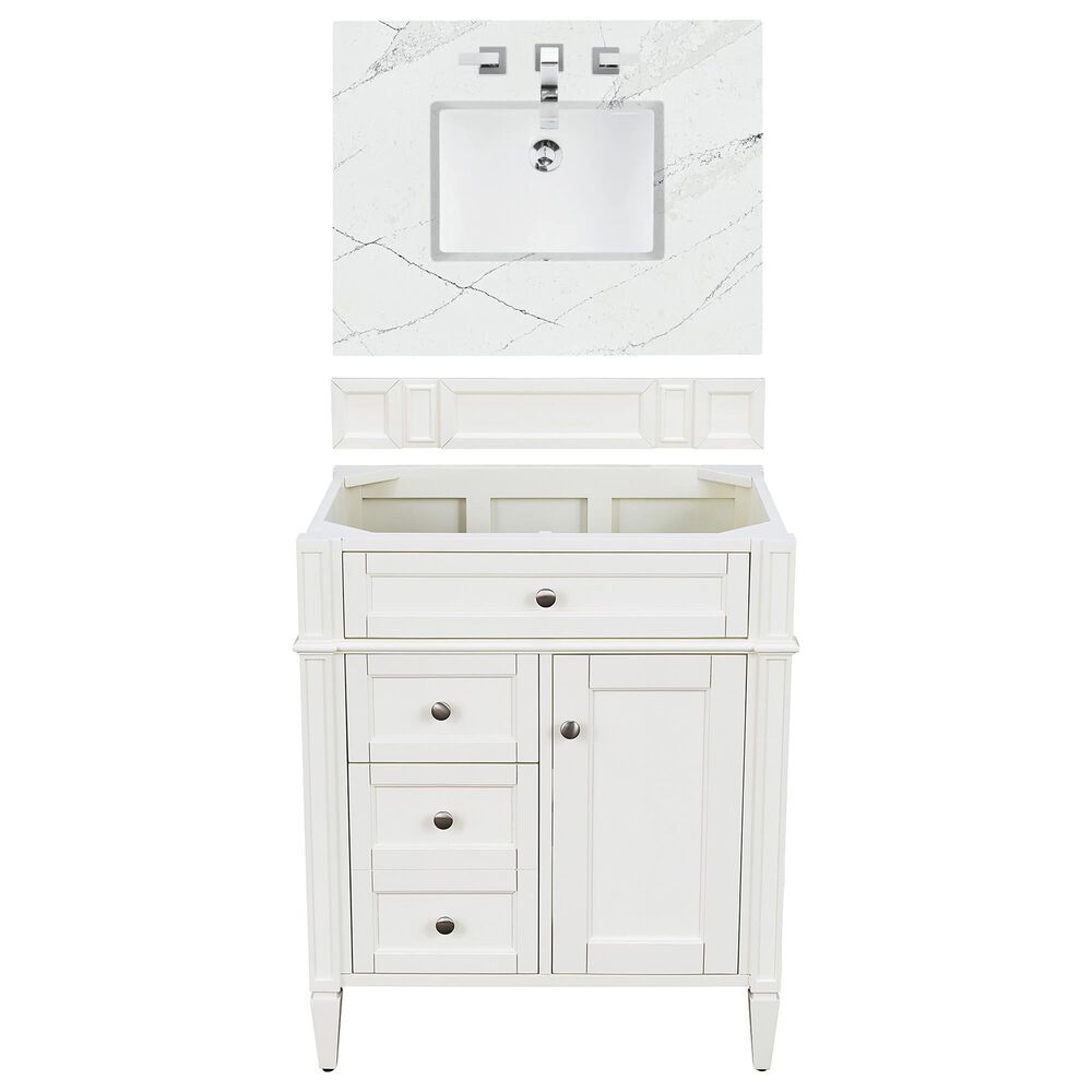 James Martin Vanities Brittany 30" Single Bathroom Vanity in Bright White with 3 cm Ethereal Noctis Quartz Top and Rectangle Sink, , large