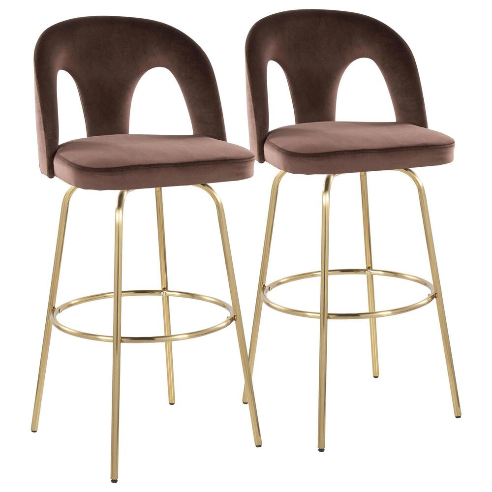 LumiSource Ava Swivel Bar Stool with Espresso Velvet Upholstery in Gold (Set of 2), , large
