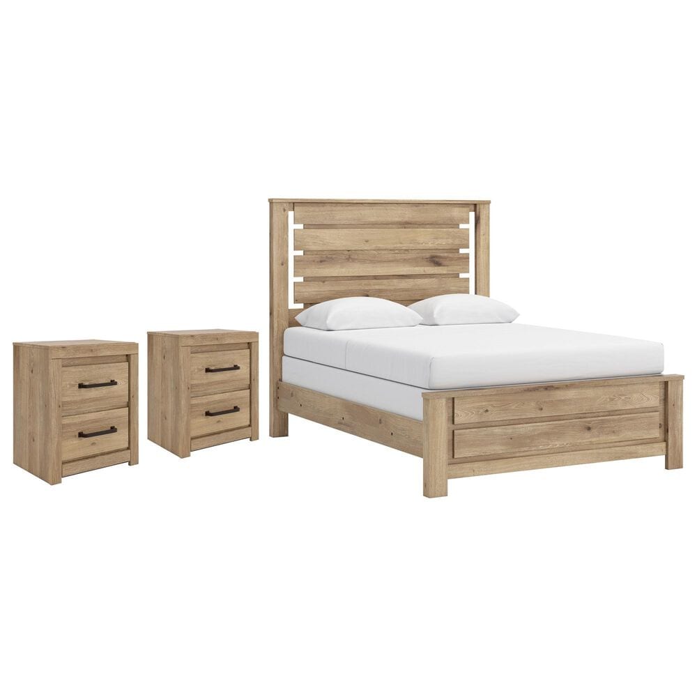 Ashley Brozmont Queen Panel Bed with Two Nightstands in Natural Brown, , large