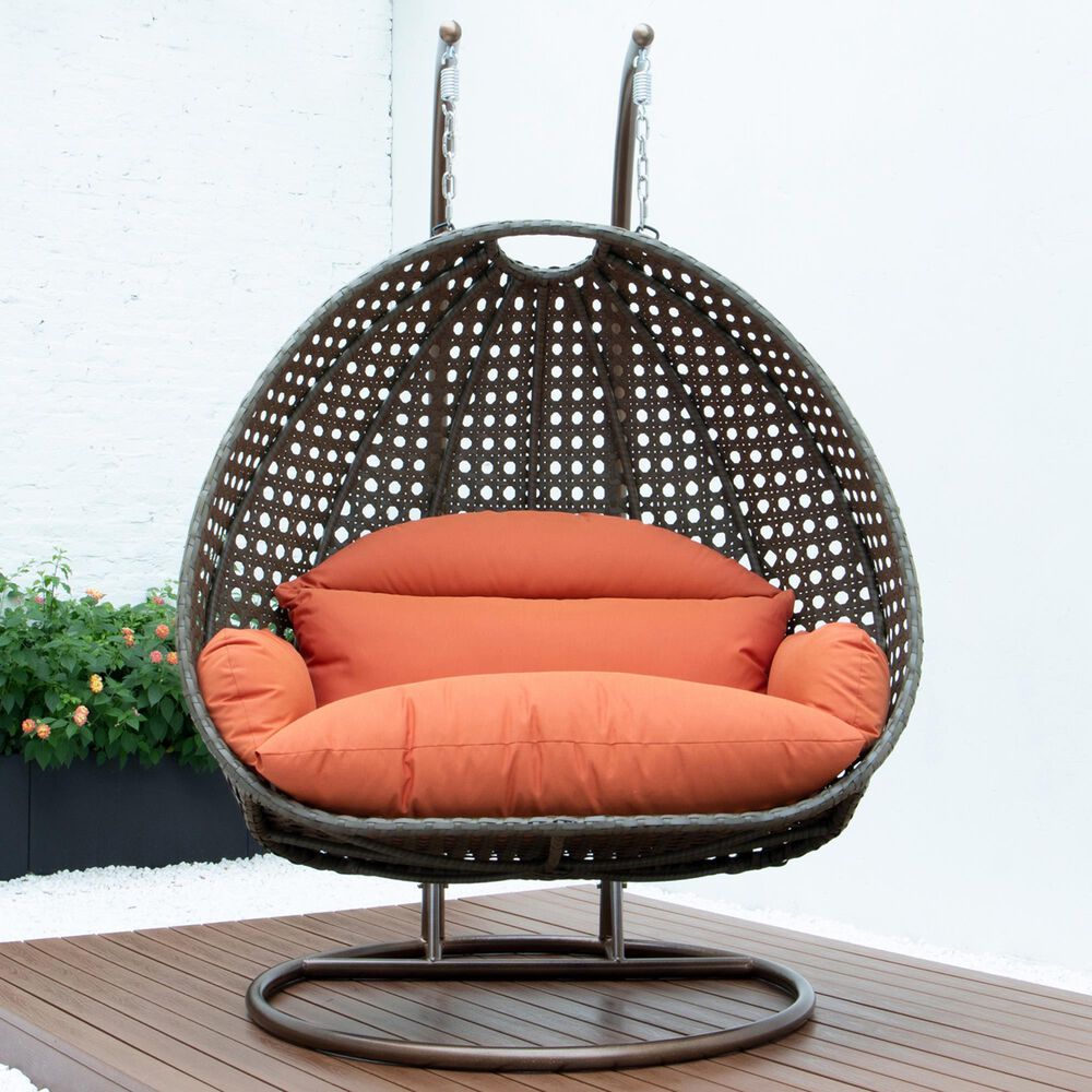 Leisuremod 57&quot; Patio 2-Seat Hanging Egg Swing Chair with Orange Cushion in Beige, , large